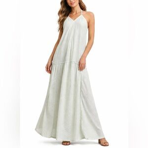 Free People 100% Cotton Eyelet Halter Maxi Dress Mint Green Ruffle Beach Boho M